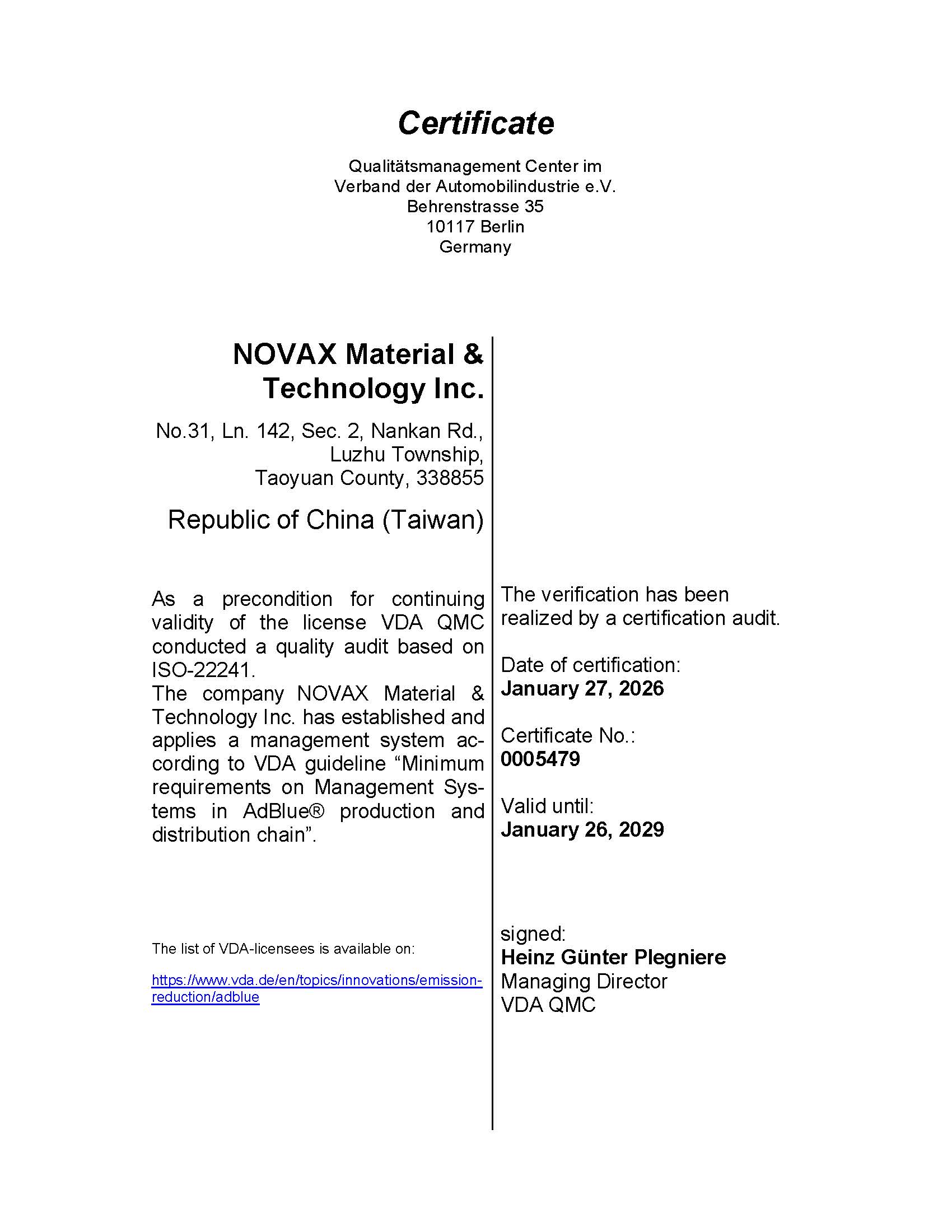 AdBlue Zertifikat Novax 2026